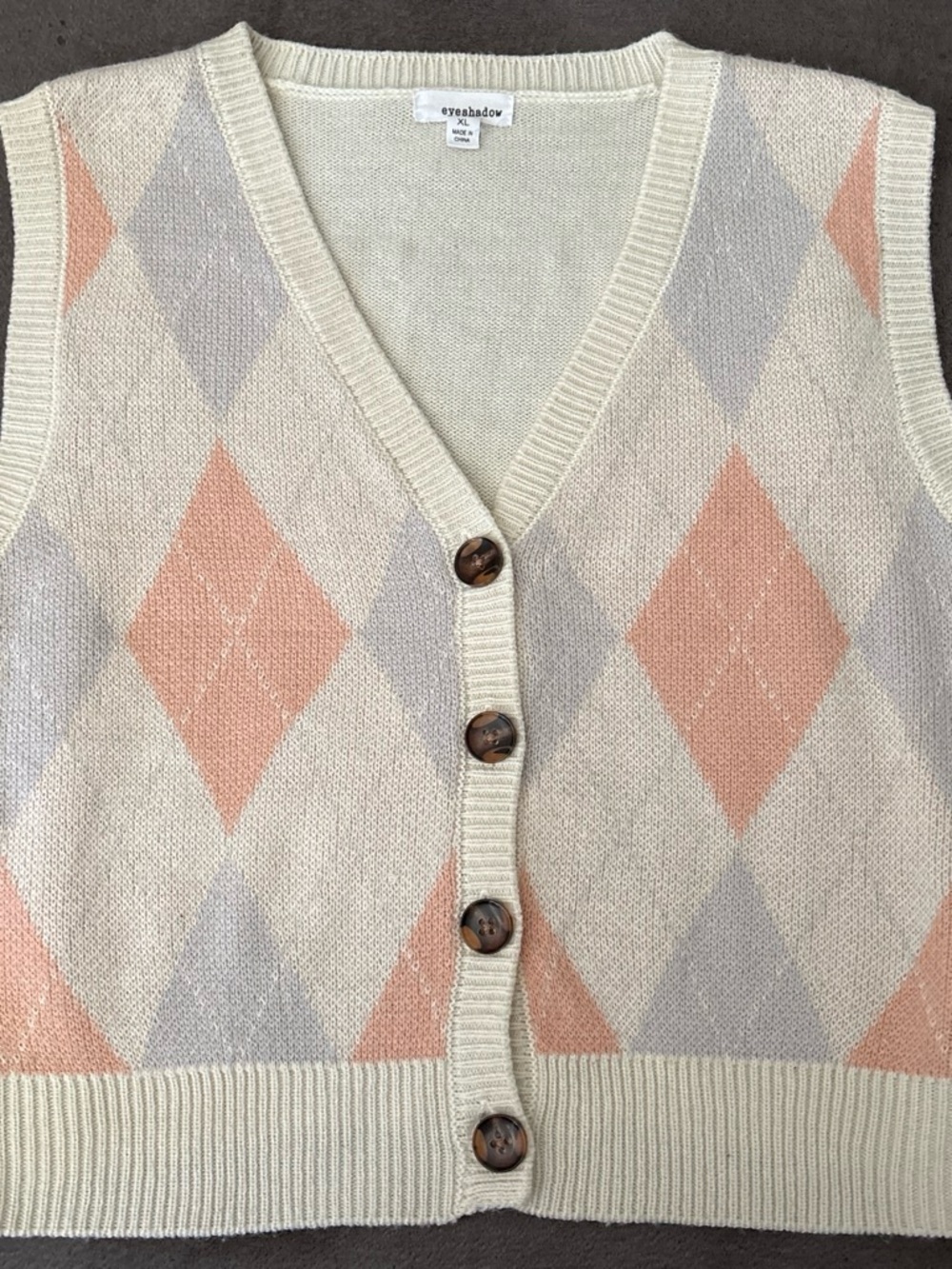 Eyeshadow Cream & Peach Argyle Button-Up Knit Vest